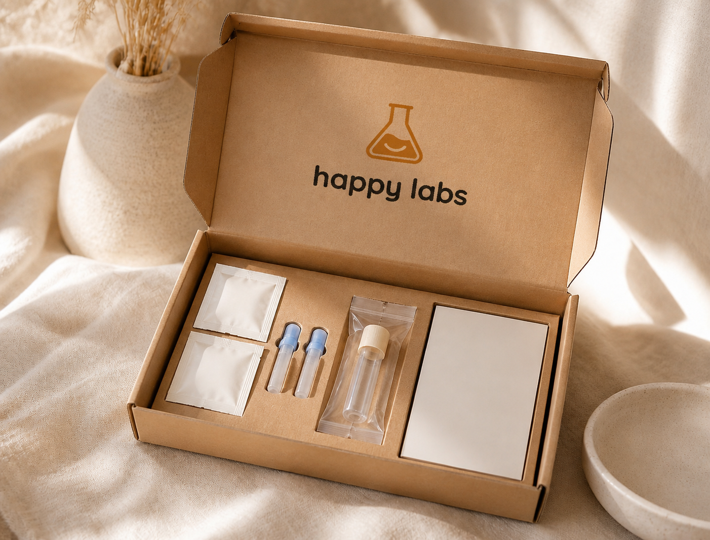 At-home lab collection kit on a cream surface