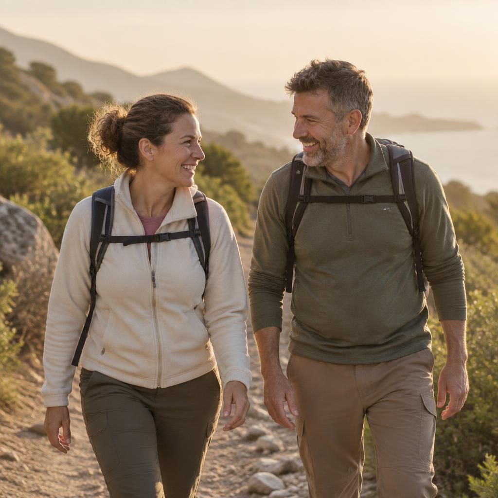 Middle-aged couple hiking a trail together, back to an active life after losing weight
